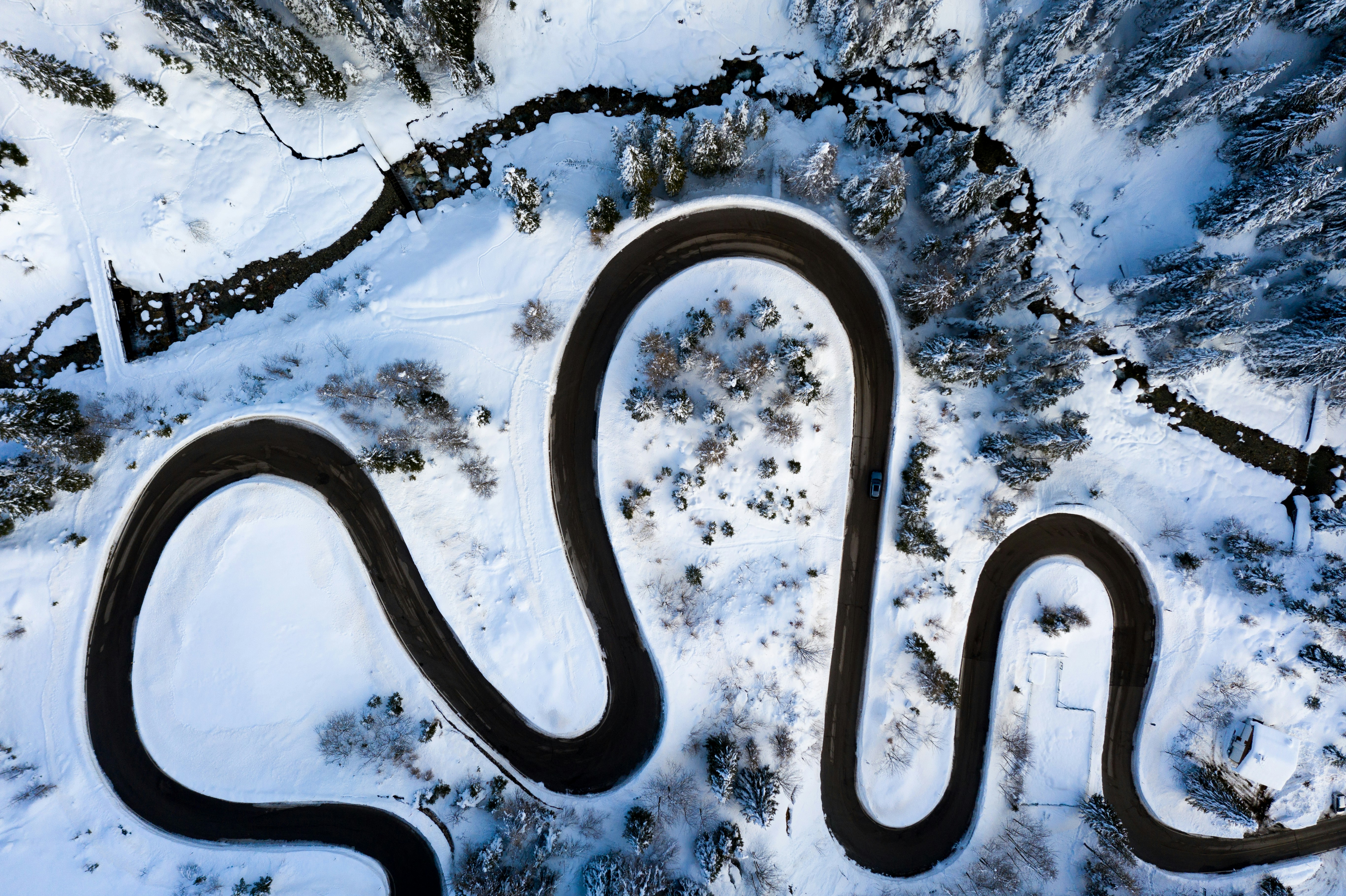 Winding mountain road from above
